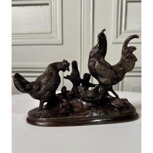 Auguste Cain (1821–1894)  Bronze Group: Rooster, Hen And Chicks