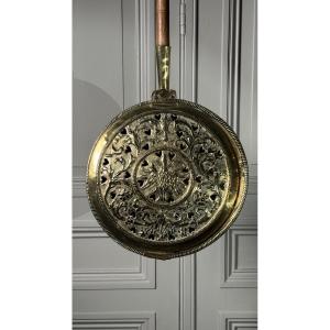 18th Century Brass Bed Warmer With Pierced Heart Motifs And Bird Decoration, France