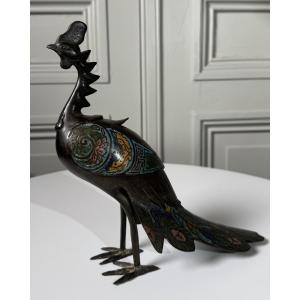 Japanese Cloisonné And Bronze Crane Incense Burner, Meiji Period