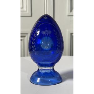 Blue Cut And Engraved Crystal Egg With Imperial Motif, 20th Century