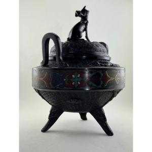 Japanese Patinated Bronze And Cloisonné Incense Burner, Meiji Period, Late 19th Century