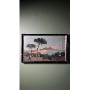 View Of Naples And Smoking Vesuvius 18th Century Oil On Canvas