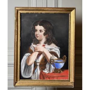Portrait Of A Young Girl With A Red Bird  Pastel Under Glass, Circa 1800