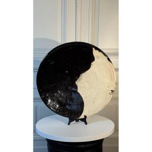 Monumental Ceramic Bowl With Black Glaze And Exposed Clay European Work, 20th Century