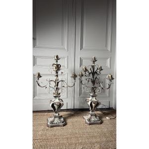 Pair Of Five-light Torchères In Polychrome Wood And Wrought Iron – Italy, 20th Century