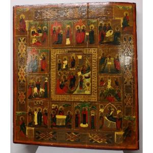 Russian Icon "the Twelve Feasts" Tempera On Wood