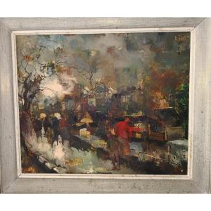 Olivier Foss (1920-2014) Oil On Canvas - "the Booksellers"