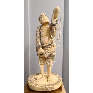 China - Bone Marquetry Sculpture - Fisherman Smoothing His Rope