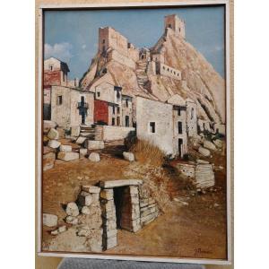 Jean Thomas (1923-2019) Oil On Canvas - "sicily - Village And Ruins Of Sperlinga"