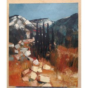 Jean Thomas (1923-2019) Oil On Canvas - "cypress In The Drôme"