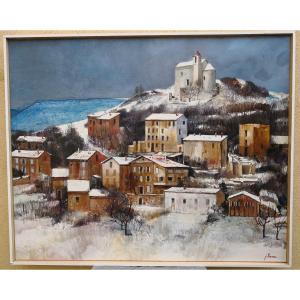 Jean Thomas (1923-2019) Oil On Canvas - "provence - Snows On Comps-sur-artuby"
