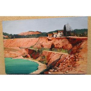 Jean Thomas (1923-2019) Oil On Canvas - "provence - Green Lake In The Bauxite Mine - Carcès"