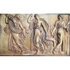 Gilt Bronze Plate In Relief - Three Bacchanals In Feast