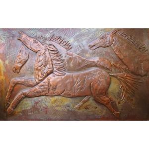 Jusef XX Eme - Large Embossed Copper Panel - Entitled "fire Horses"