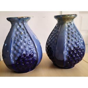 Pair Of Blue Enameled Stoneware Vases -xx