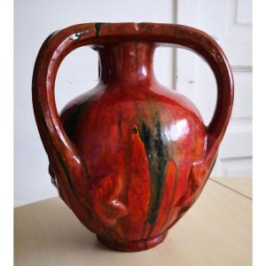 Art Nouveau - Vase With Three Handles In Enamelled Stoneware