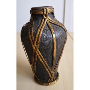 Eugène Baudin Art Nouveau Small Vase In Flamed Stoneware - Golden Brass Basketwork Frame