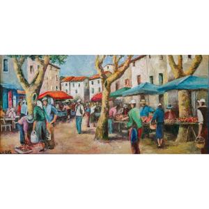 Village Market Life In Provence - Oil On Canvas Signed Gluzac (1952-2023)