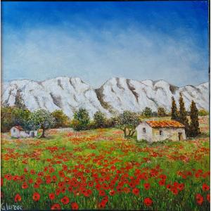 Poppies And Olive Trees At The Foot Of The Alpilles - Oil On Canvas Signed Gluzac (1952-2023) -
