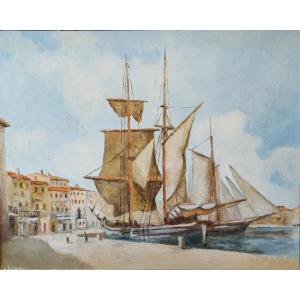 Tall Ships In The Port Of Saint Tropez - Oil On Canvas Signed Gluzac (1952-2023) Ref M12