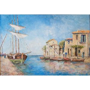 Tall Ship In Port - Oil On Canvas Signed Gluzac (1952-2023) Ref M17