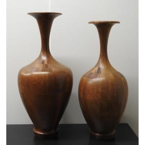 Belgium - Kortrijk - Atelier d'Art Decoene - Pair Of Large Vases In Wood Marquetry