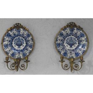 Pair Of Bronze Sconces, Neoclassical Style Arms, Decorated With Delft Earthenware Plate