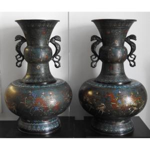 Japan - Meiji Period (1868-1912) Pair Of Large Baluster Vases In Cloisonne Enamels