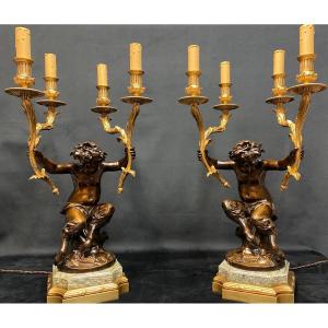 Pair Of Bronze Candelabras In Clodion's Taste