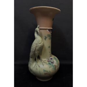 Art Nouveau “peacock” Stoneware Vase Central Europe, Zsolnay Entourage, Circa 1900