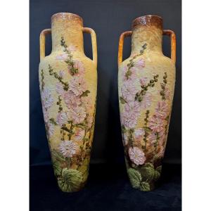 Monumental Art Nouveau Vases By Delphin Massier Vallauris – Signed Pair – High-relief Floral De