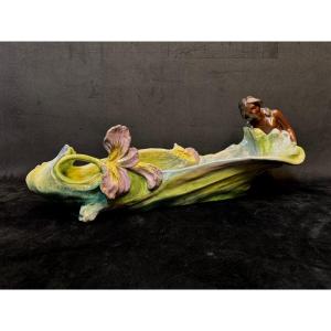 French Art Nouveau – Sculptural Ceramic With A Female Figure – Flower Girl – 56 Cm
