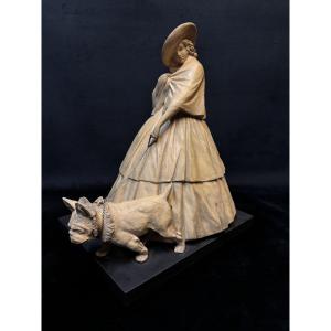 Art Deco – Terracotta Sculpture Signed Guido Cacciapuoti – Italy – Woman With Bulldog – H