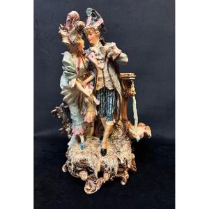 Barbotine- Flowers Pot "the Incredible Of The Directory And His Companion", 51 Cm