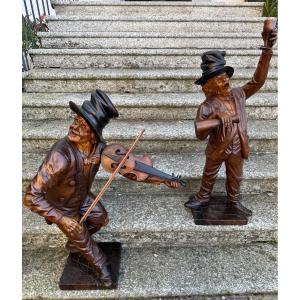 Important Pair Of Carved Wooden Sculptures – Tavern Musicians – Italian Work (venice)