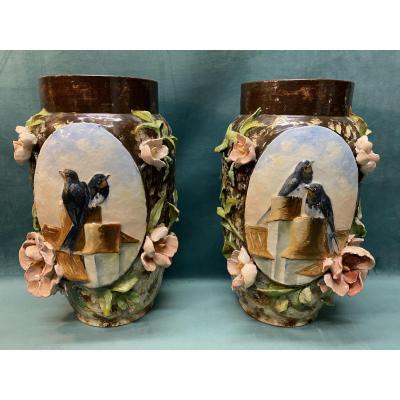 Pair Of Impressionist Vases With Swallows