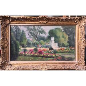 Oil On Canvas, In The Park, 64x101 Cm, Undeciphered Signature