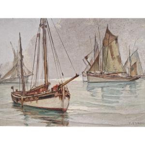 Fishing Boats At Anchor By Paul Esnoul