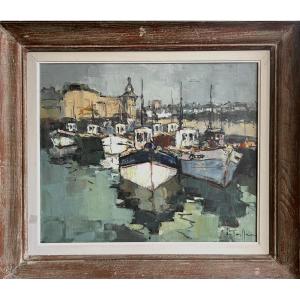 Jean Louis Le Toullec, Trawlers In The Port Of Concarneau, Oil On Canvas