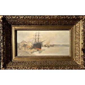 Eugène Galien Laloue, Boats Aground, Oil On Wood