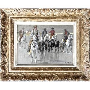 Edouard Doigneau, Riders In The Camargue, Gouache