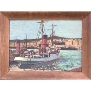 Boats At Dock, Oil On Canvas, Signature To Decipher