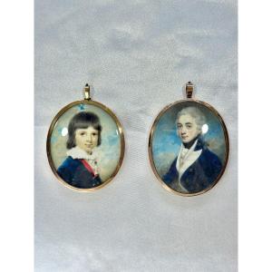 Two Miniatures Of A Man And A Child - Gold Mount - Domed Glass - 18th Century