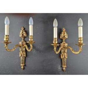 Pair Of Louis XVI Style Sconces In Gilt Bronze