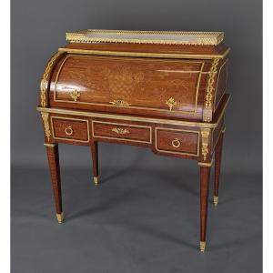 Louis XVI Style Cylinder Secretary In Marquetry And Gilt Bronze