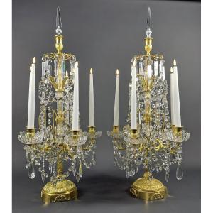 Large Pair Of Louis XVI Style Girandoles (82cm) In Gilt Bronze And Crystal