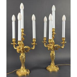 Pair Of Rocaille Candelabras In Gilded Bronze Signed Eugène Lelièvre, Founder Susse Frères Paris