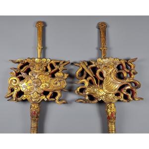 Vietnam - Pair Of Large Standards In Gilded And Red Lacquered Wood