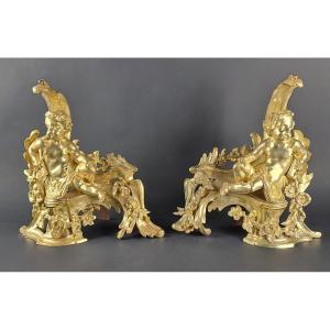 Pair Of Napoleon III Andirons With Putti In Gilded Bronze