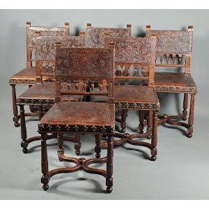 Set Of Six Renaissance-style Chairs Upholstered In Embossed Cordovan Leather